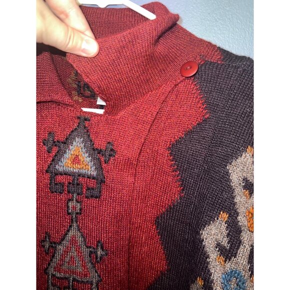 The Peruvian Collection Burgundy Open Front Sweater SZ L Aztec Pattern W Pockets - Picture 4 of 8